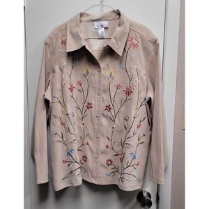 Susan Graver Moleskin Jacket Tan  Button Up Embroidered Floral Long‎ Sleeve 1X